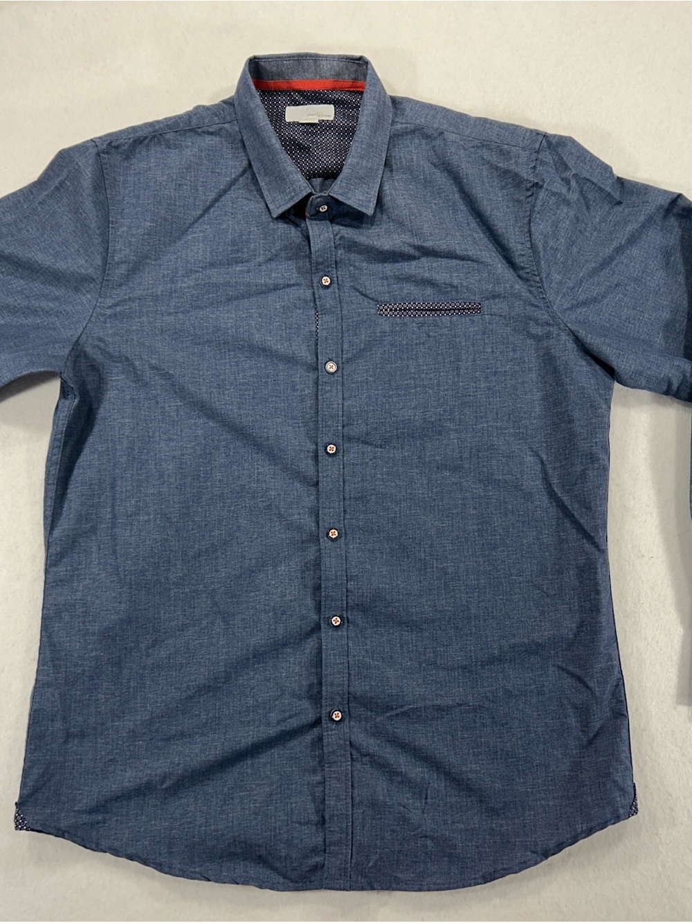 Craft + Flow Men’s XL Blue Chambray Long Sleeve Button Up Shirt Floral Trim